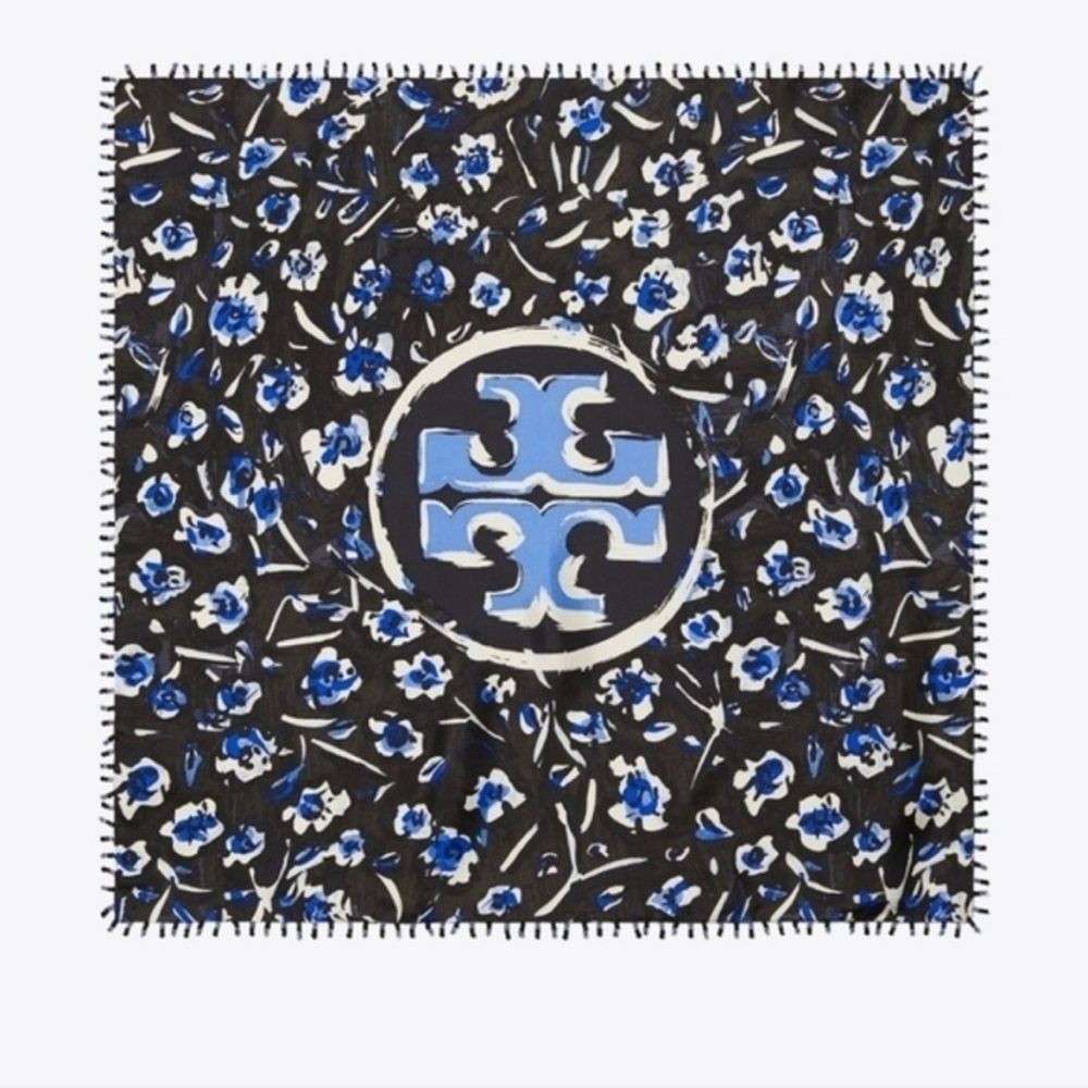 NWT Tory Burch Beaded Blue 100% Silk Scarf 21 In